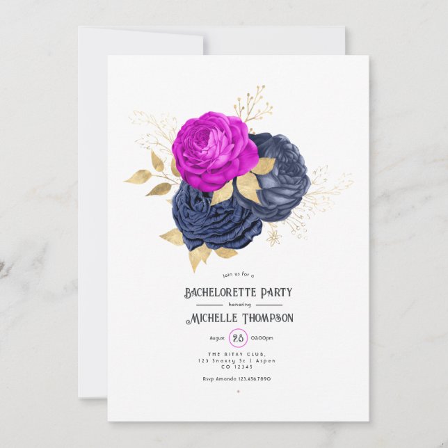 Magenta Navy och Guld Blommigt Bachelorette Party Inbjudningar (Framsida)