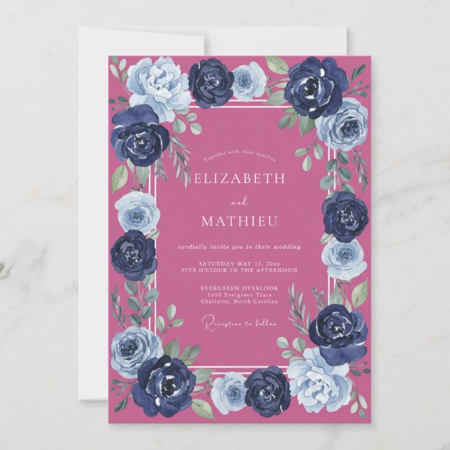 Magenta Navy Ranunculus Eucalyptus Bröllop Inbjudningar (Framsida)