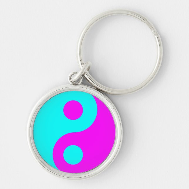 Magenta och Aqua Yin Yang Rund Silverfärgad Nyckelring (Framsidan)