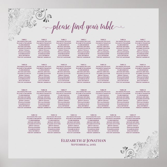 magenta och Grått för 27 Bord Bröllop-sätesdiagram Poster (Framsidan)