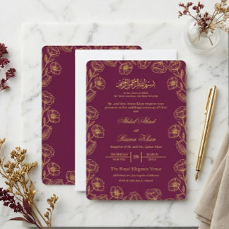 Magenta och Guld Blommig Islamisk Muslimsk Bröllop Inbjudningar
