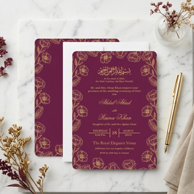Magenta och Guld Blommig Islamisk Muslimsk Bröllop Inbjudningar (Skapare uppladdad)