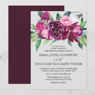 Magenta och rosa blommigt dove grått Bröllop Inbjudningar