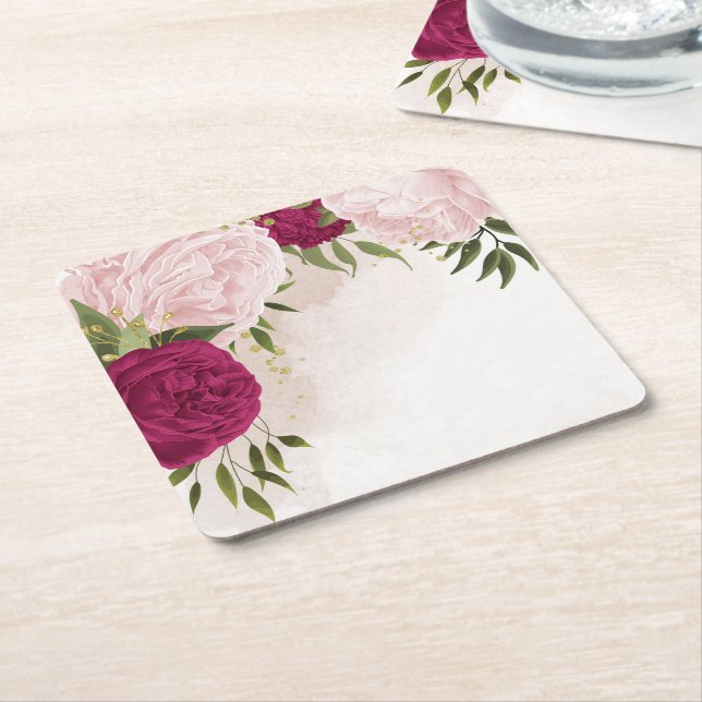 magenta och rosa blommor grönt bröllop underlägg papper kvadrat (Vinklad)