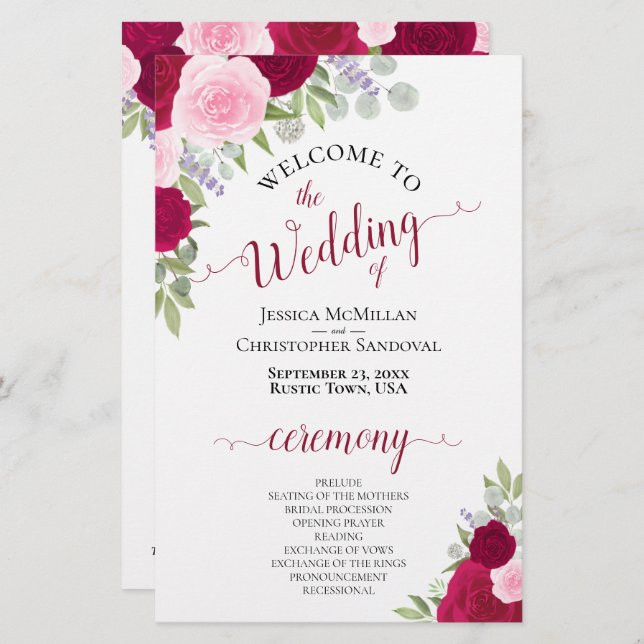 Magenta och Rosa Boho Blommigt Bröllopsprogram bud (Fram/baksida)