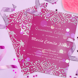 Magenta och Silver Elegant Shimmery Quinceañera Inbjudningar