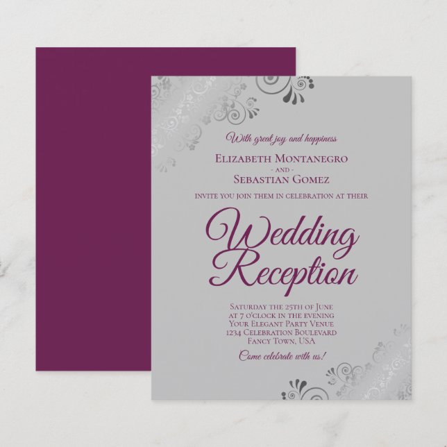 Magenta om Grått BUDGET bröllopsmottagning Inbjuda (Fram/baksida)