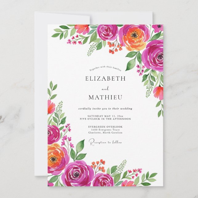 Magenta Orange Bloom Romance Wedding Inbjudningar (Framsida)