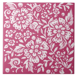 Magenta Ornate Blommigt Large Flower Löv Berry Kakelplatta