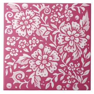 Magenta Ornate Blommigt Large Flower Löv Berry Kakelplatta
