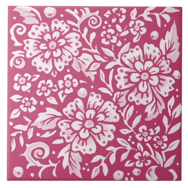 Magenta Ornate Blommigt Large Flower Löv Berry Kakelplatta (Framsidan)