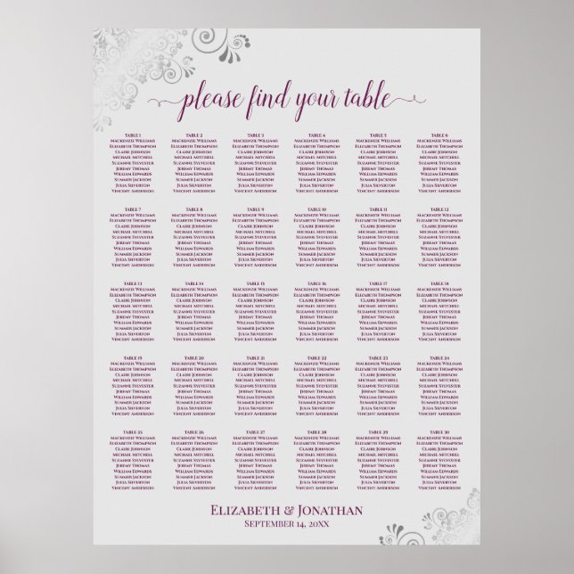 Magenta på grå 30 bordskarta för bröllop poster (Framsidan)