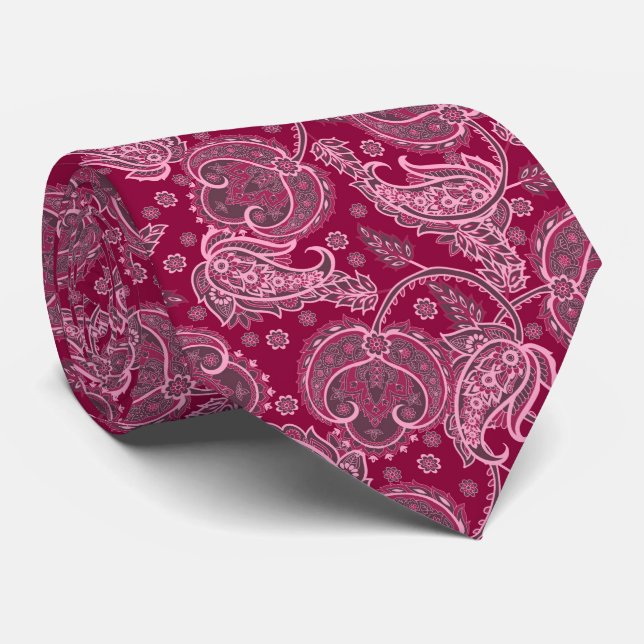 Magenta paisley damast blommig orienterad etnisk slips (Rullad)