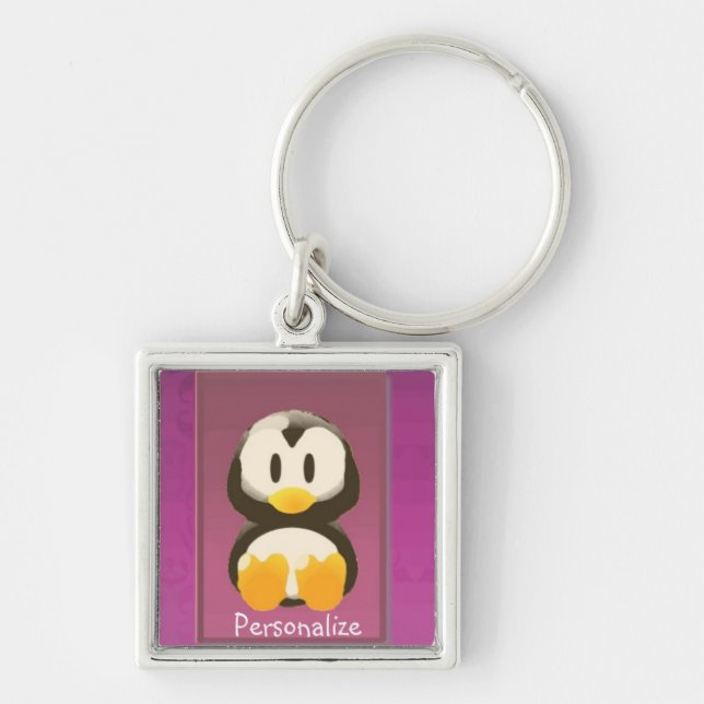 Magenta Penguin-nyckelkedja Fyrkantig Silverfärgad Nyckelring (Framsidan)