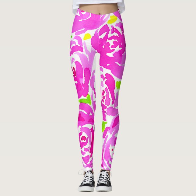 Magenta Peonies Watercolor Mönster Leggings (Framsida)