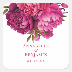 Magenta Peony Blommigt Bröllop Fyrkantigt Klistermärke