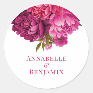 Magenta Peony Blommigt Bröllop Runt Klistermärke