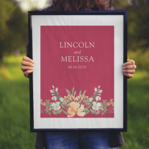 Magenta, persikor och vit Blommigt Bröllop par Poster