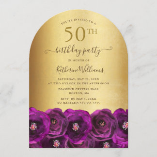 Magenta Pink Rose Floral Gold 50th Birthday Party Inbjudningar
