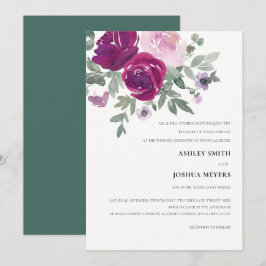 Magenta Pink Watercolor Floral Pearl White Wedding Inbjudningar