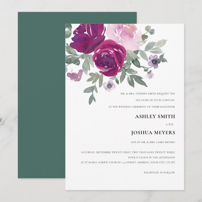 Magenta Pink Watercolor Floral Wedding Inbjudningar (Fram/baksida)