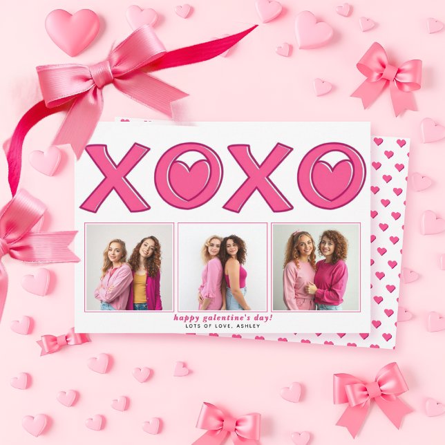 Magenta pink XOXO Galentines Day heart photo Julkort (Skapare uppladdad)