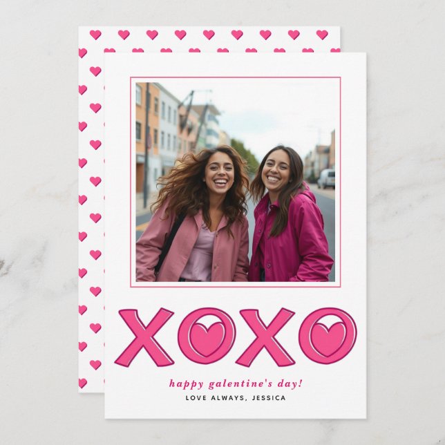 Magenta pink XOXO hearts Galentines Day photo Julkort (Fram/baksida)