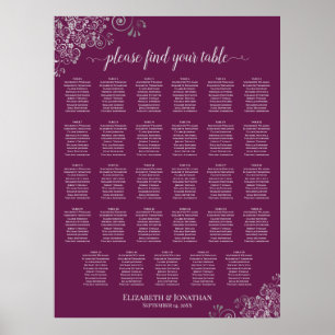 Magenta Plommon 29 Bord Silver Bröllops Placerings Poster