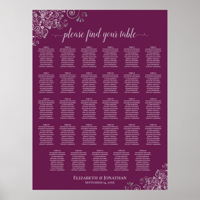 Magenta Plommon 29 Bord Silver Bröllops Placerings Poster (Framsidan)