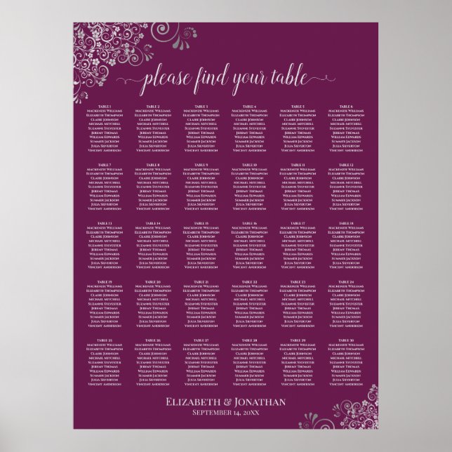 Magenta Plommon 30 Bord Bröllopsställningsschema S Poster (Framsidan)
