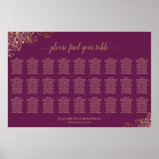 Magenta Plommon & Guld 27 Bord Bröllops Placerings Poster (Framsidan)