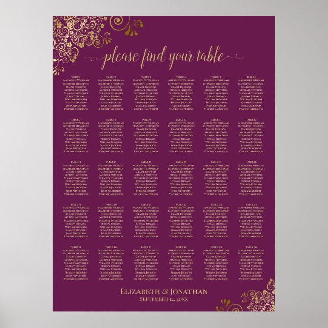 Magenta Plommon & Guld 30 Bord Bröllopsställning Poster (Framsidan)