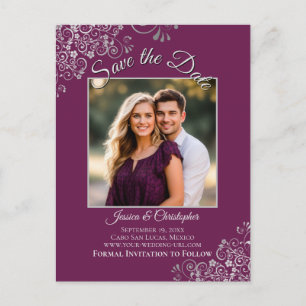 Magenta Plommon & Silver Bröllop Save the Date Fot Meddelande Vykort