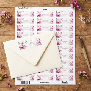 Magenta Plommonblomma Akvarell Guld Dubbel Ram Returadress Etikett