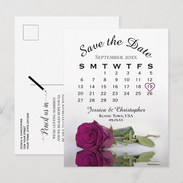 Magenta Plum Ro Bröllop Kalender Spara datum Meddelande Vykort (Fram/baksida)