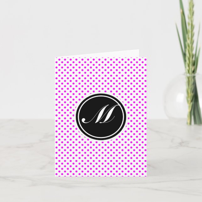 Magenta Polka Dot och Monogram Anteckningskort (Framsida)