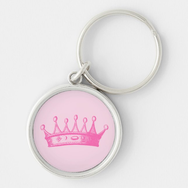 Magenta Princess Krona på Rosa Background Rund Silverfärgad Nyckelring (Framsidan)