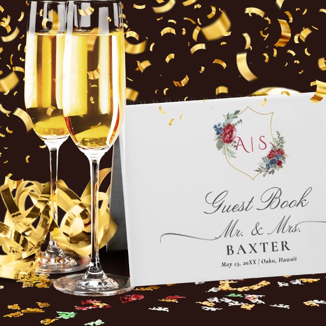 Magenta Ro Botaniska Vapenskölden Bröllop Monogram Gästböcker (Skapare uppladdad)