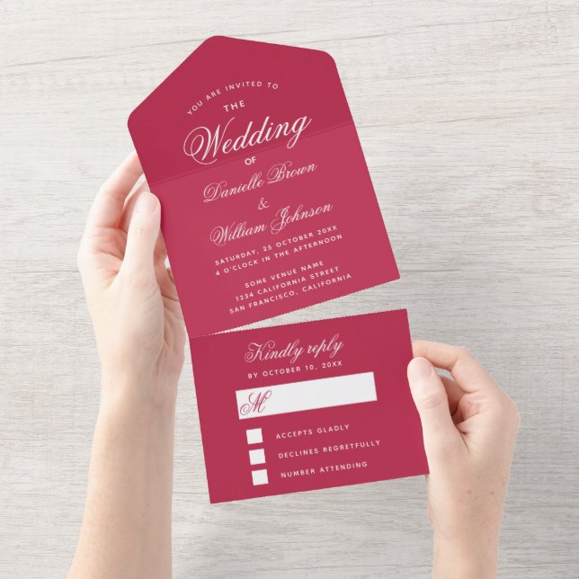 Magenta röd bröllopsenkel elegant skript RSVP  (Avrivbar del)