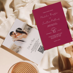 Magenta Röd Foto Budget Bröllop QR-kod Rsvp Inbjudningar