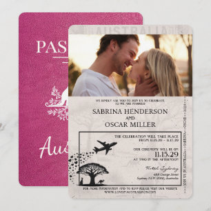 Magenta Rosa Australia Passport Bröllop Inbjudningar