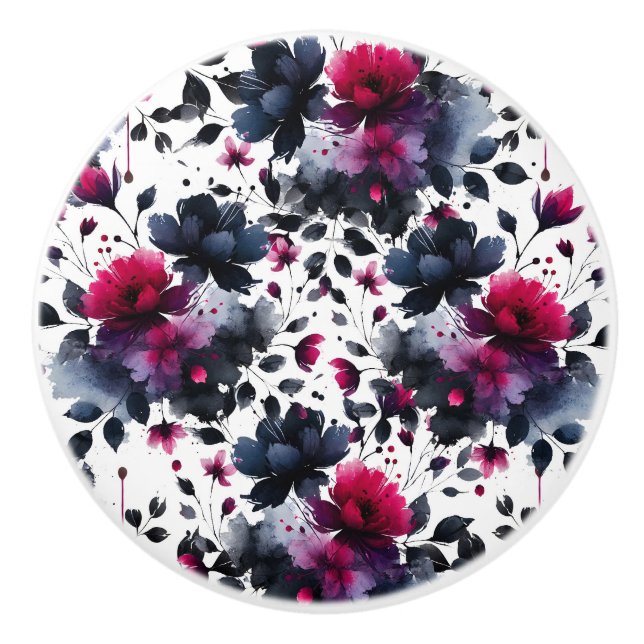 Magenta rosa & Blå bläckfärg blomstermotiv akvarel Knopp (Framsidan)