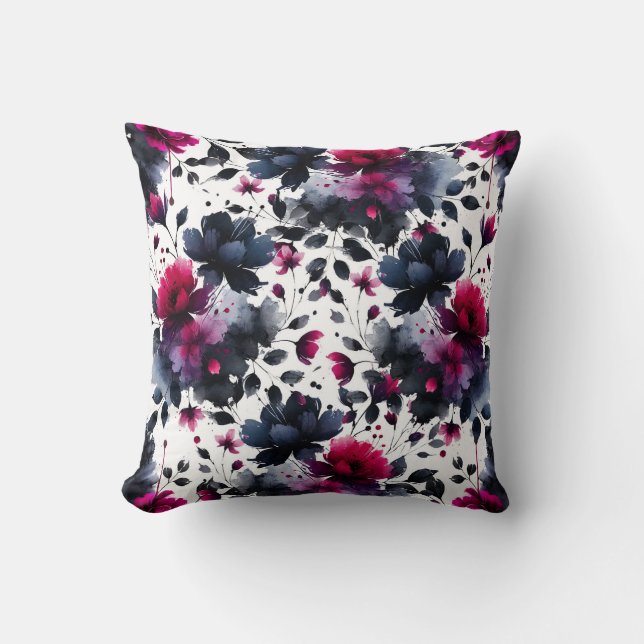 Magenta rosa & Blå bläckfärg blomstermotiv akvarel Kudde (Framsida)