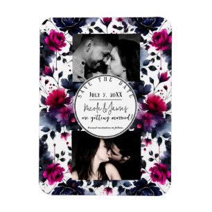 Magenta Rosa Blå Bläckfärg Floral Akvarell Spara D Magnet