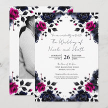 Magenta Rosa & Blå Bläckfärgade Blommor Vattenfärg