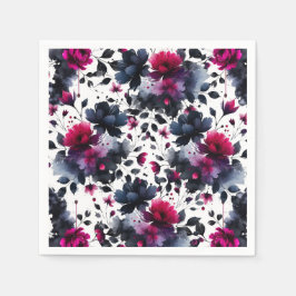 Magenta Rosa & Blå Bläckfärgade Blommor Vattenfärg Pappersservett