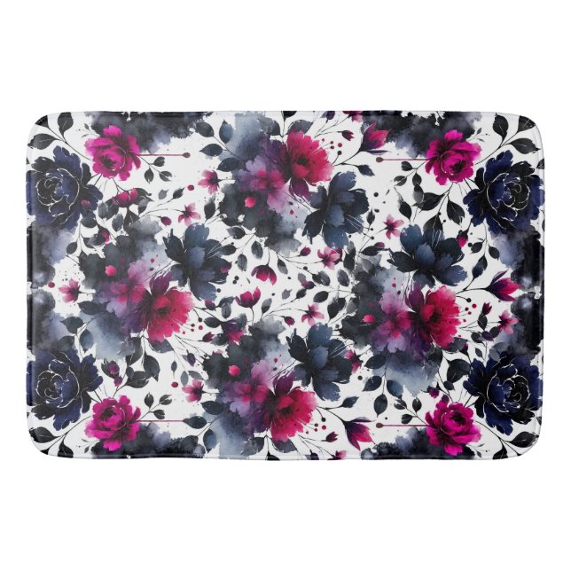 Magenta rosa & Blå bläckfärgade blomster vattenfär Badrumsmatta (Framsidan)