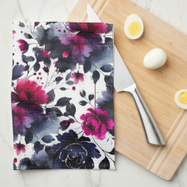 Magenta rosa & Blå bläckfärgade blomster vattenfär Kökshandduk