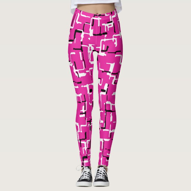 Magenta Rosa Black White Chic Mönster Leggings (Framsida)