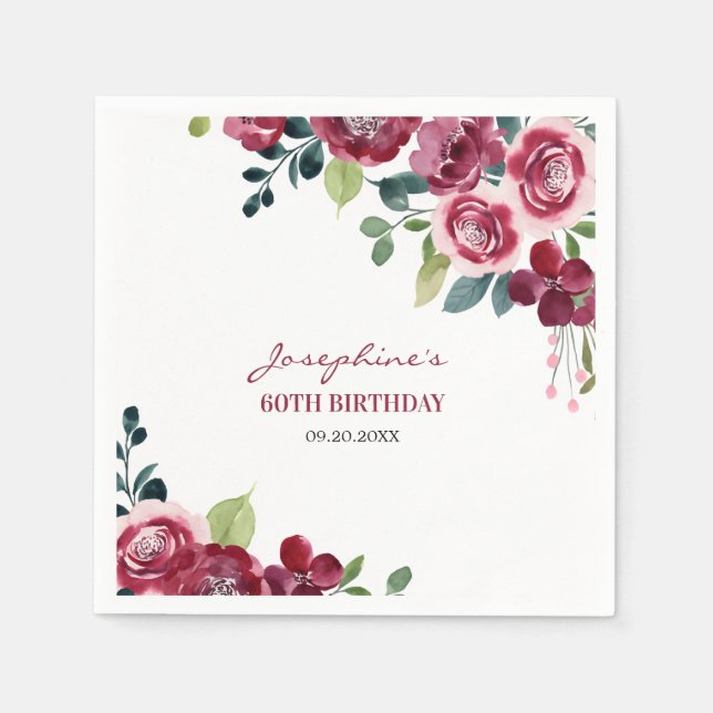 Magenta Rosa Blommig Grönska Födelsedag Pappersservett (Framsidan)